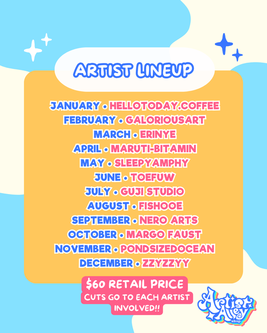 List of artists collaborating for the calendar: hellotoday.coffee, galoriousart, erinye, maruti-bitamin, sleepyamphy, toefuw, guji studio, fishooe, nero arts, margo faust, pondsized ocean, zzyzzyy